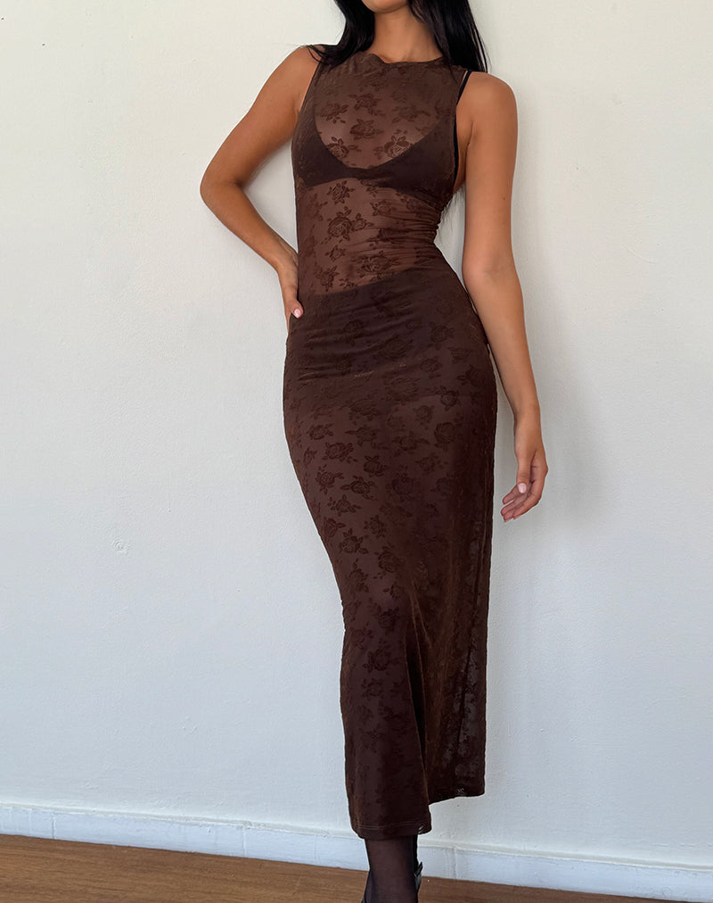 Afbeelding van Florian Romantic Rose Midi Dress in Flock Bruin