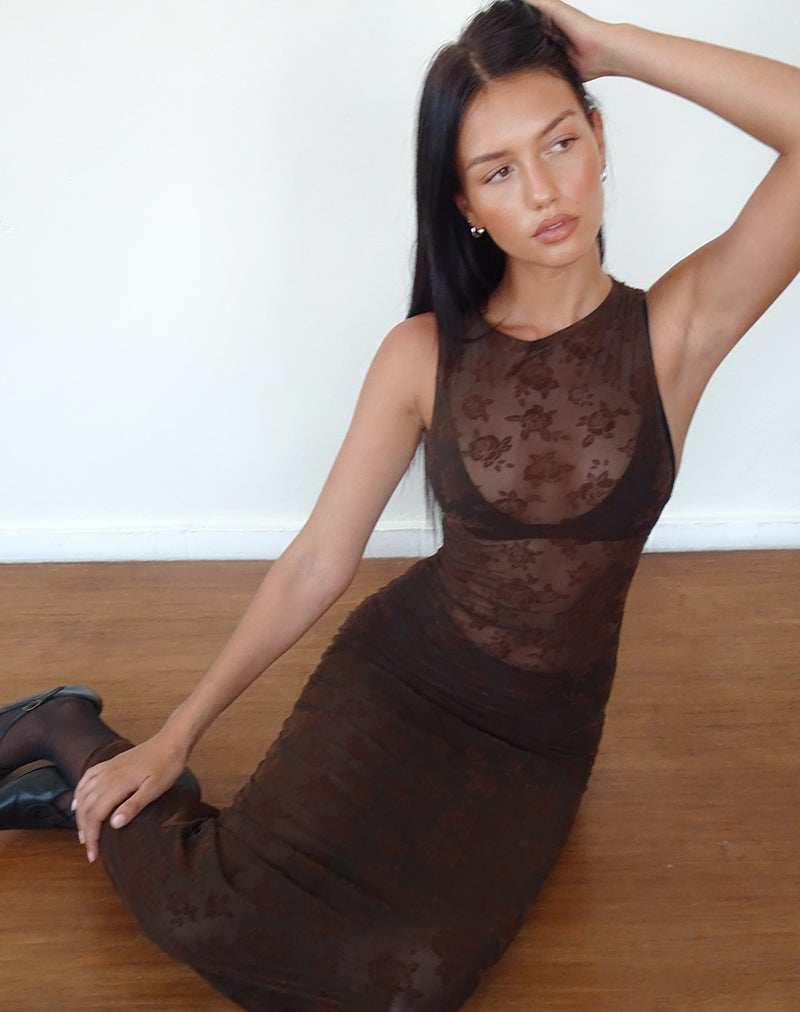 Afbeelding van Florian Romantic Rose Midi Dress in Flock Bruin