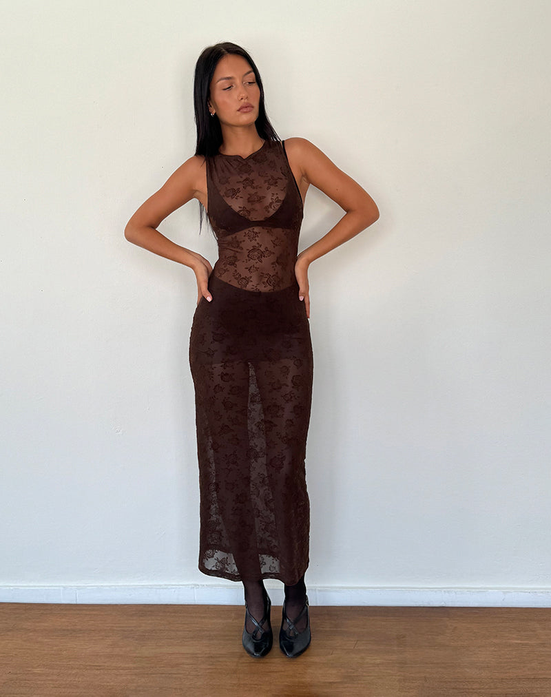 Afbeelding van Florian Romantic Rose Midi Dress in Flock Bruin