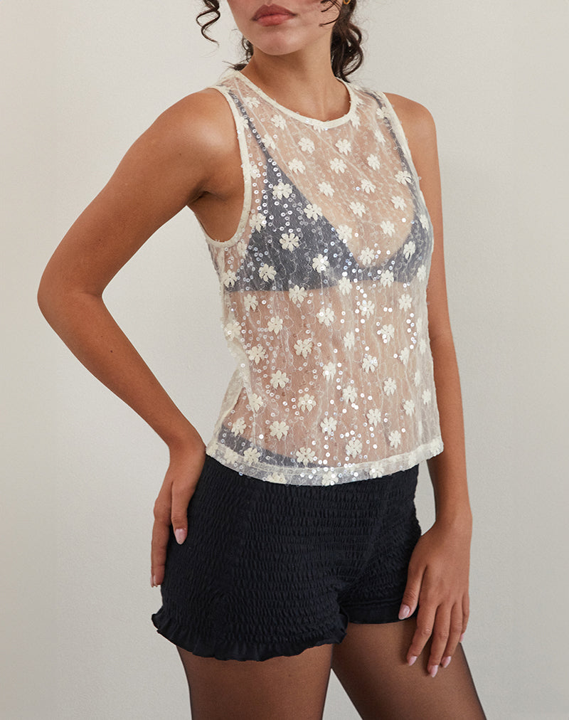 Franka Tanktop in Pailletten Kant Ivoor