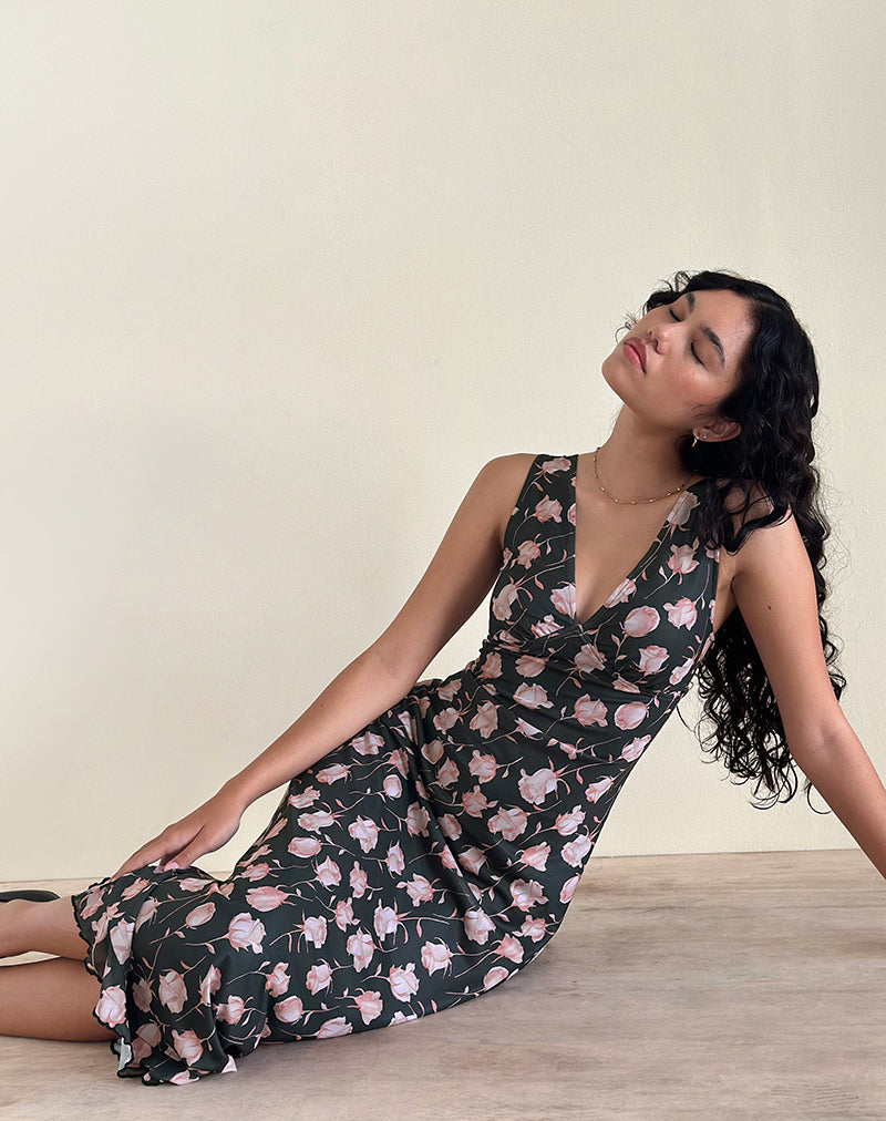 Afbeelding van Gabriela Midi Dress in Falling Rose Jet Black