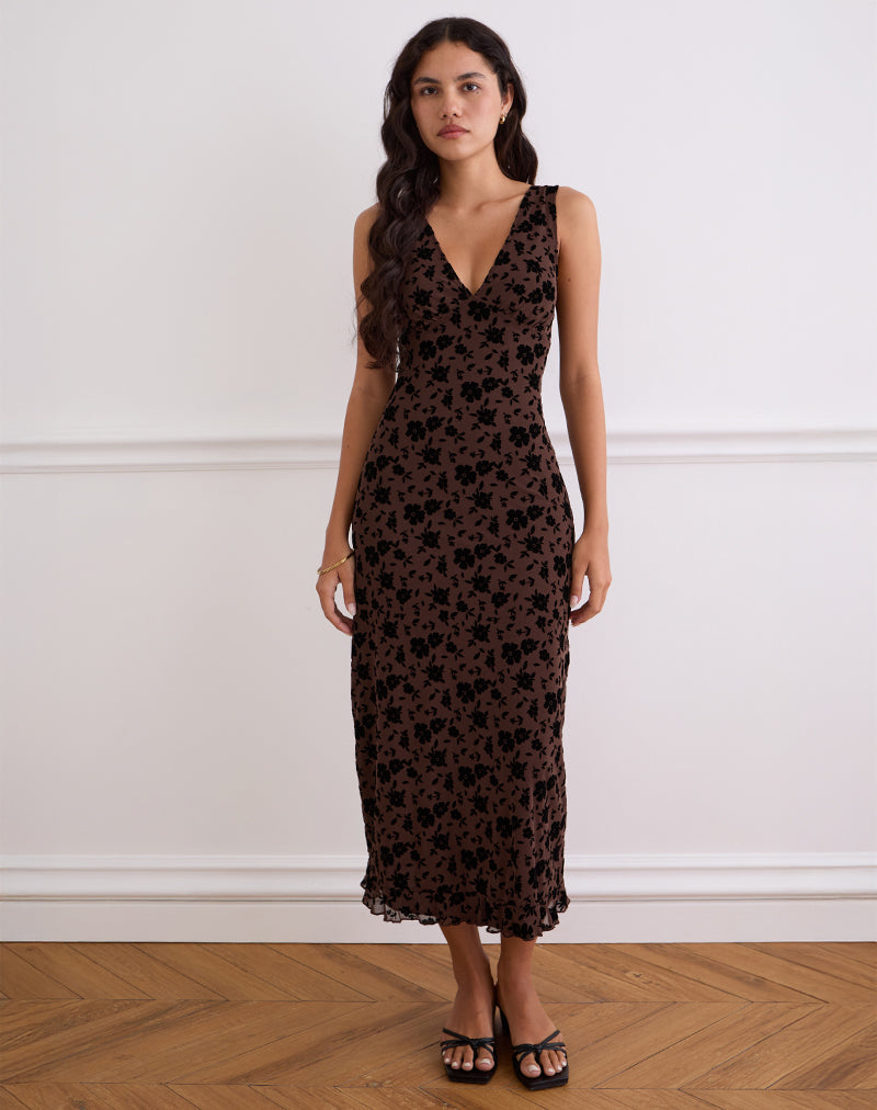 Afbeelding van Gabriela Midi Dress in Tuin Bloemen Bruin
