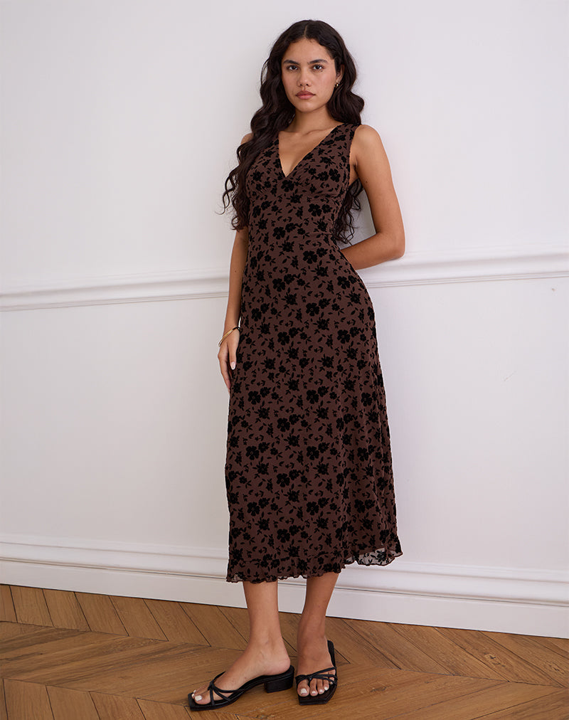 Afbeelding van Gabriela Midi Dress in Tuin Bloemen Bruin