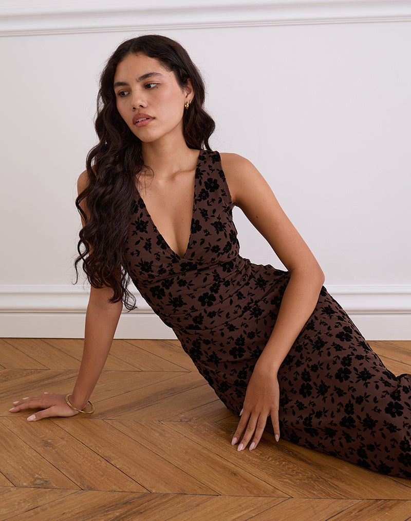 Gabriela Midi Dress in Tuinbloemen Bruin