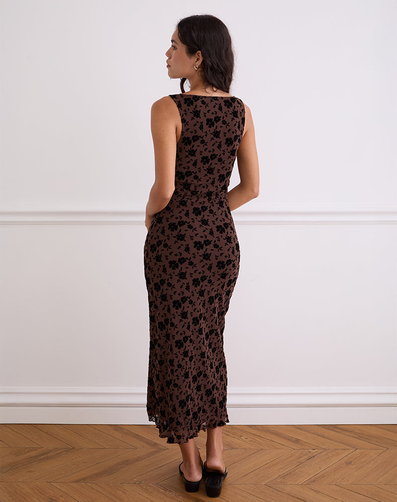 Afbeelding van Gabriela Midi Dress in Tuin Bloemen Bruin