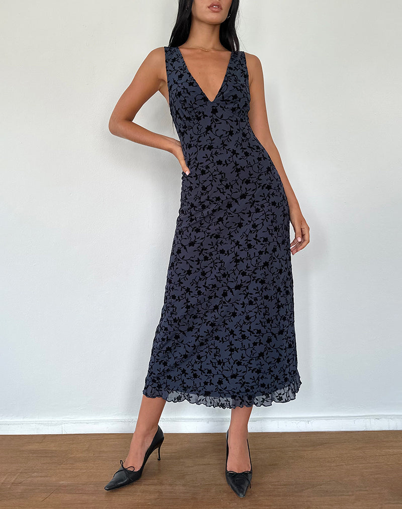 Afbeelding van Gabriela Midi Dress in Flocked Petal Navy
