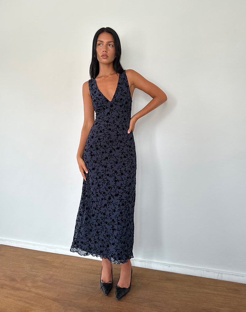 Afbeelding van Gabriela Midi Dress in Flocked Petal Navy