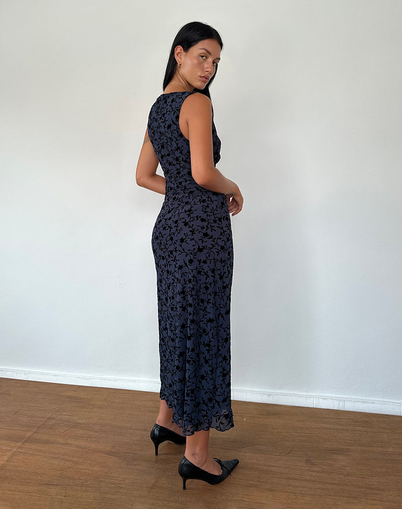 Afbeelding van Gabriela Midi Dress in Flocked Petal Navy