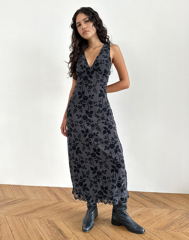 Afbeelding van Gabriela Jurk in Vine Flocked Floral Ocean Storm