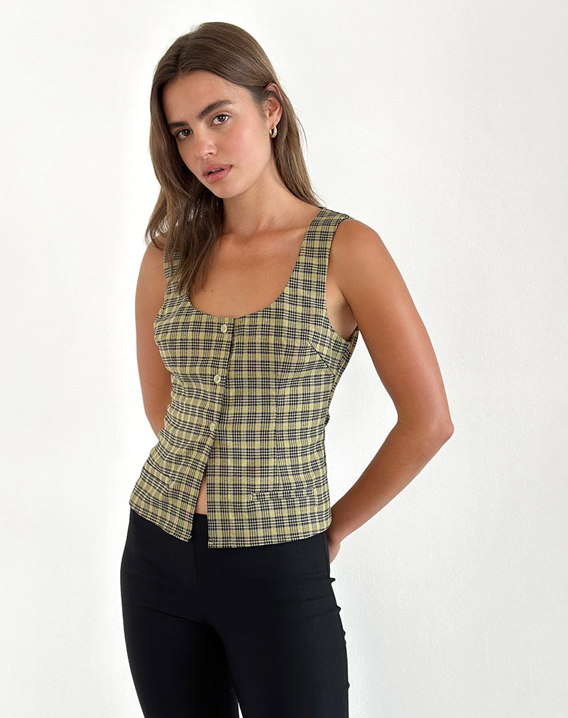 Ganita Button Through Vest Top in Geel Ruitje