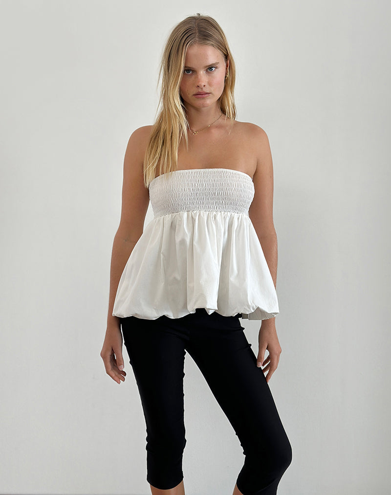 Gaux Puffball Shirred Top in Popeline Ivoor