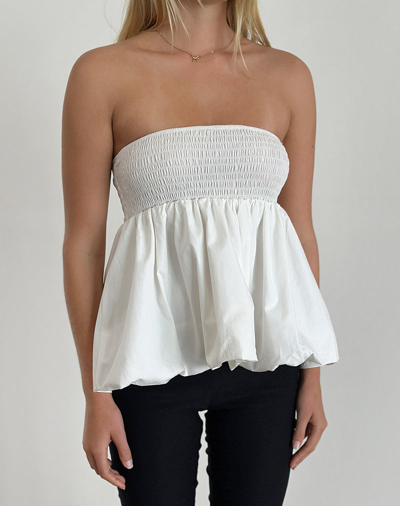 Gaux Puffball Shirred Top in Popeline Ivoor