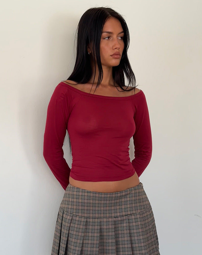 Gavya Bardot Crop Top van weefsellinnen met lange mouwen in Adrenaline Rood