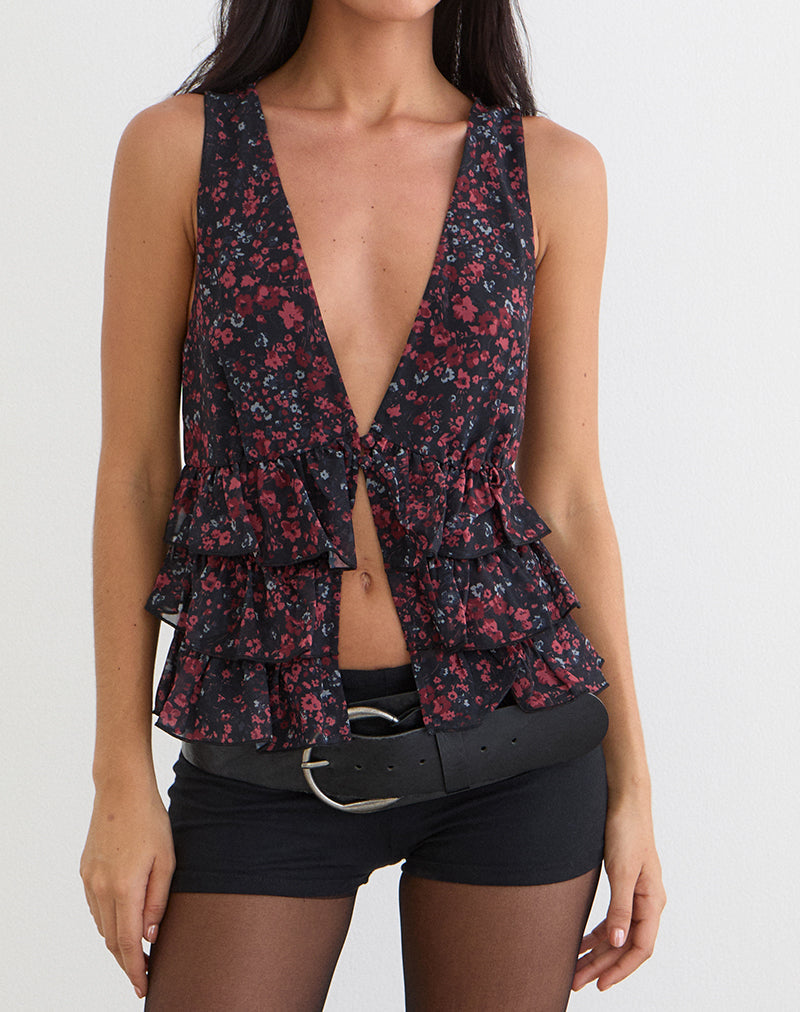 Gendhis vesttop in chiffon met verspreide bloemenprint in zwart en rood