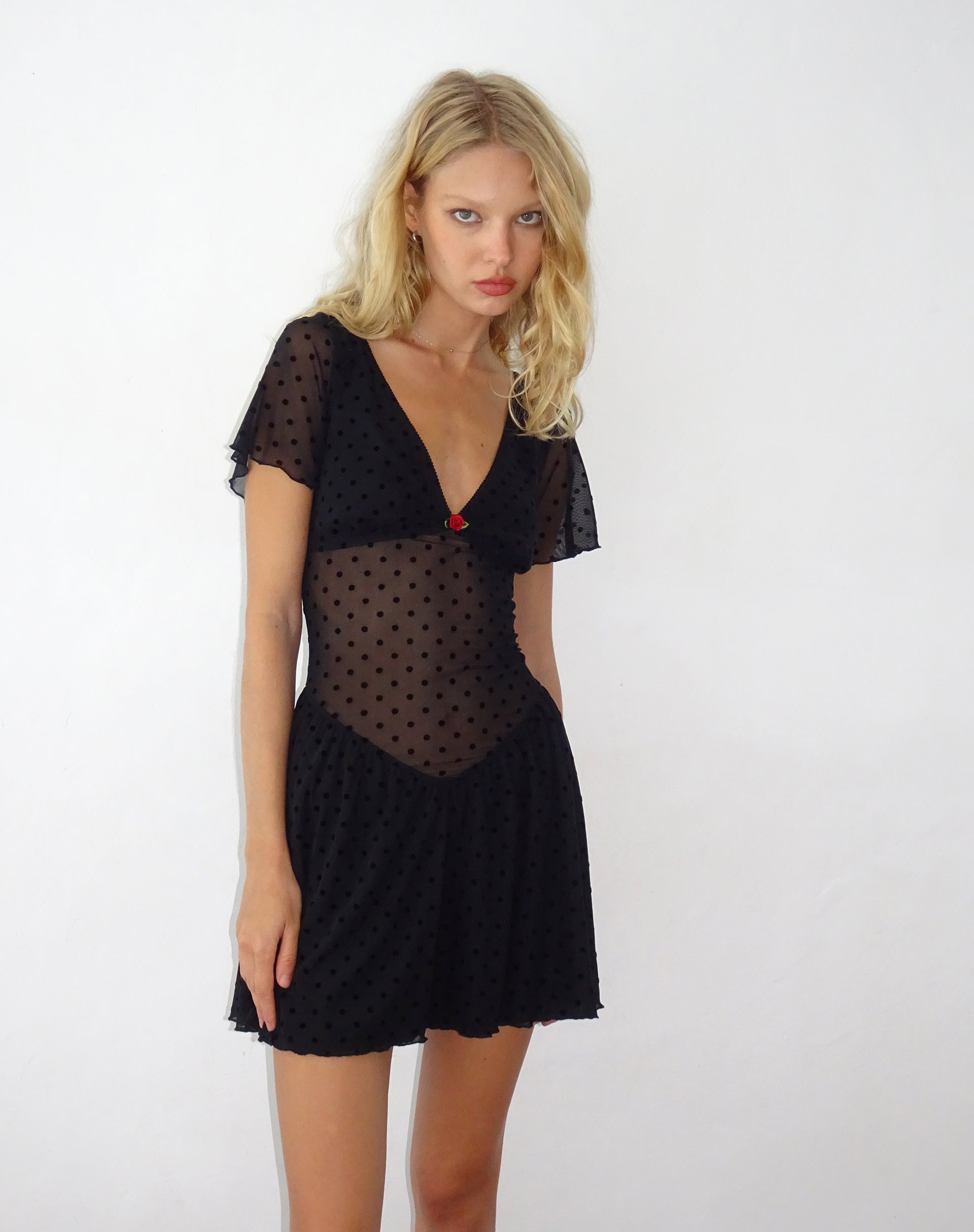 Afbeelding van Geni Mini Dress in Polka Black Flock