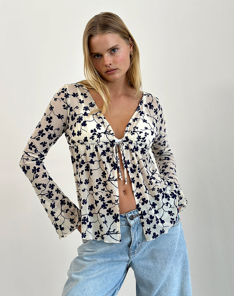 Gerbera Lange Mouw Top in Grunge Bloemenvlok Crème