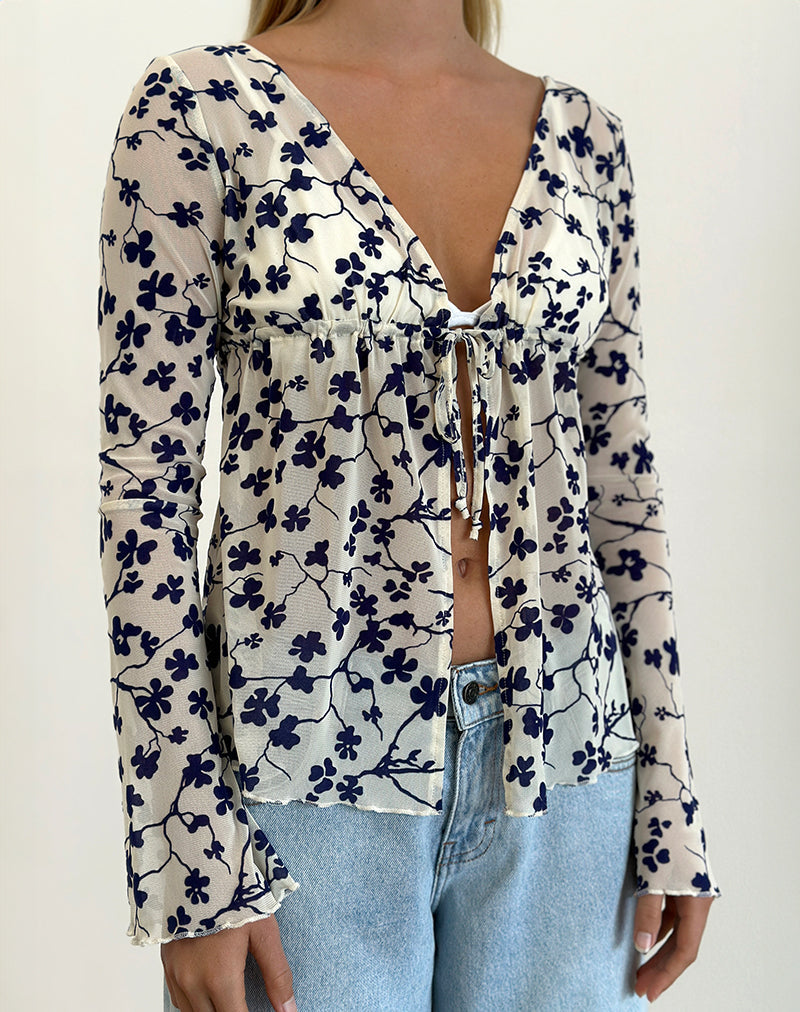 Gerbera Lange Mouw Top in Grunge Bloemenvlok Crème