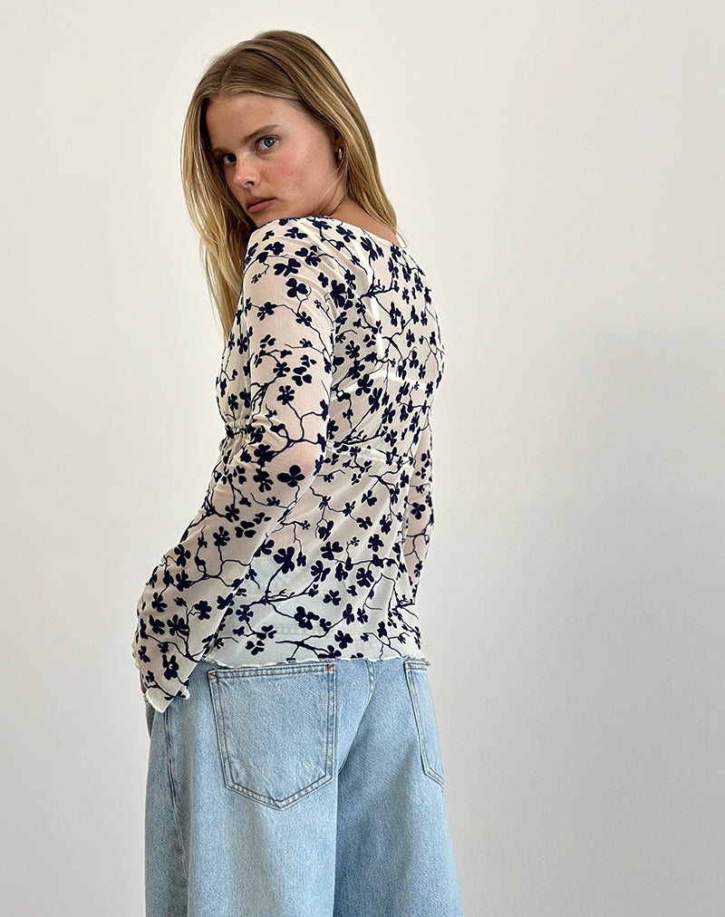 Afbeelding van Gerbera Lange Mouw Top in Grunge Bloemenvlok Crème