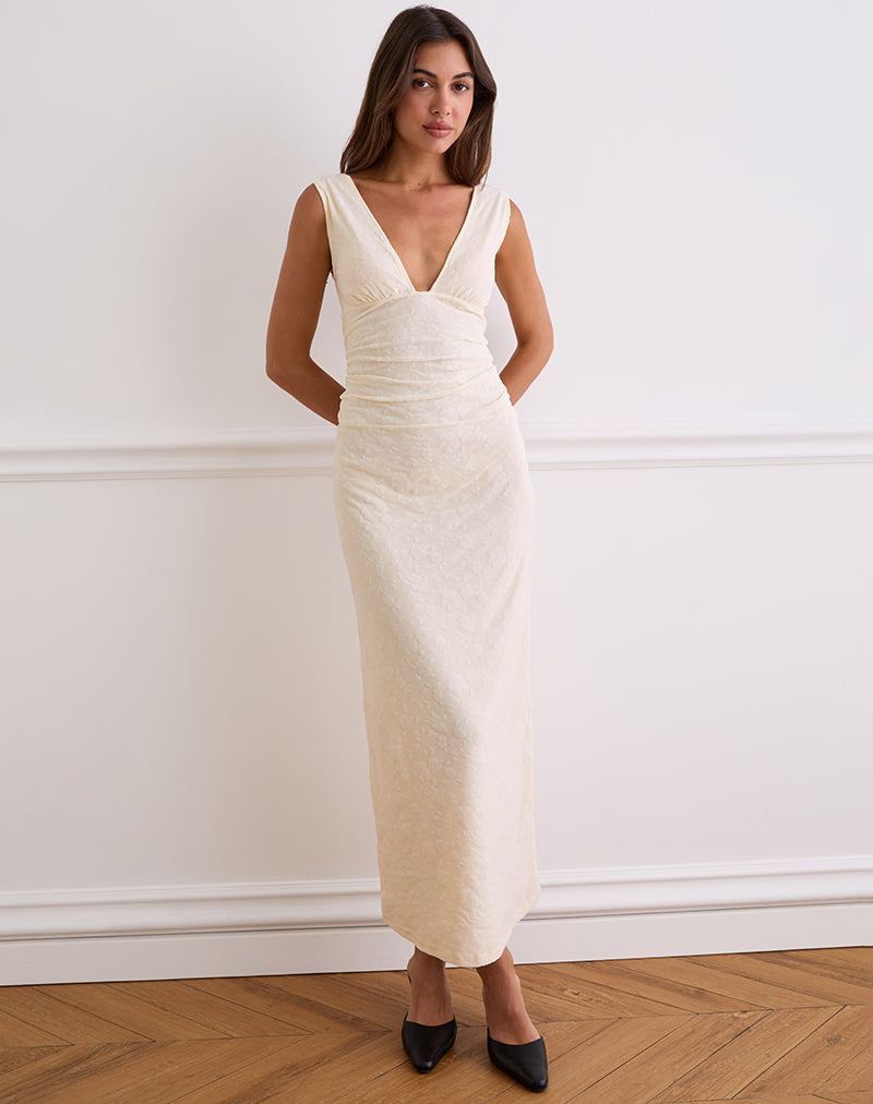 Afbeelding van Gerda Maxi Dress in Floral Flock Crème