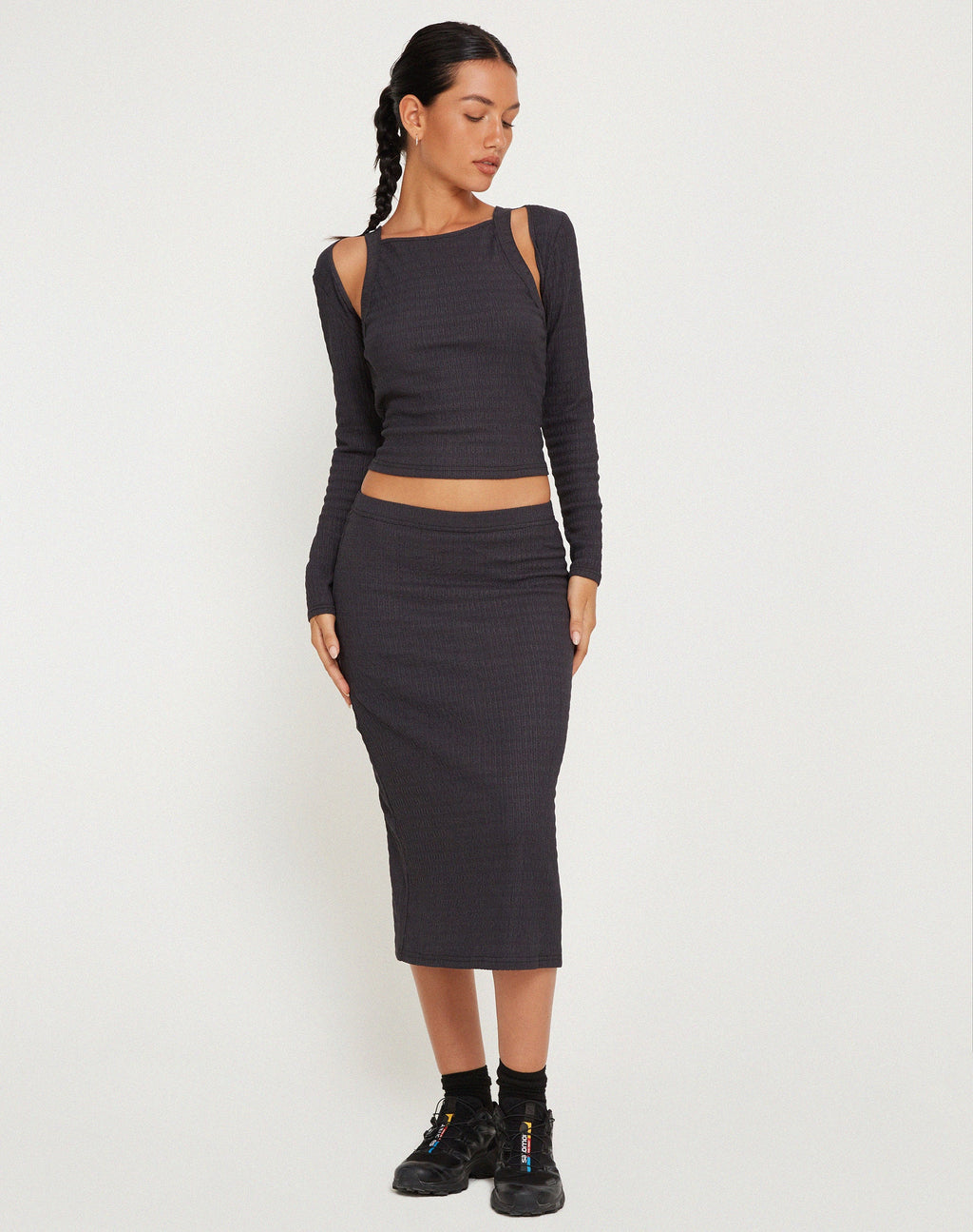 Ginny Top in Gerimpeld Houtskool