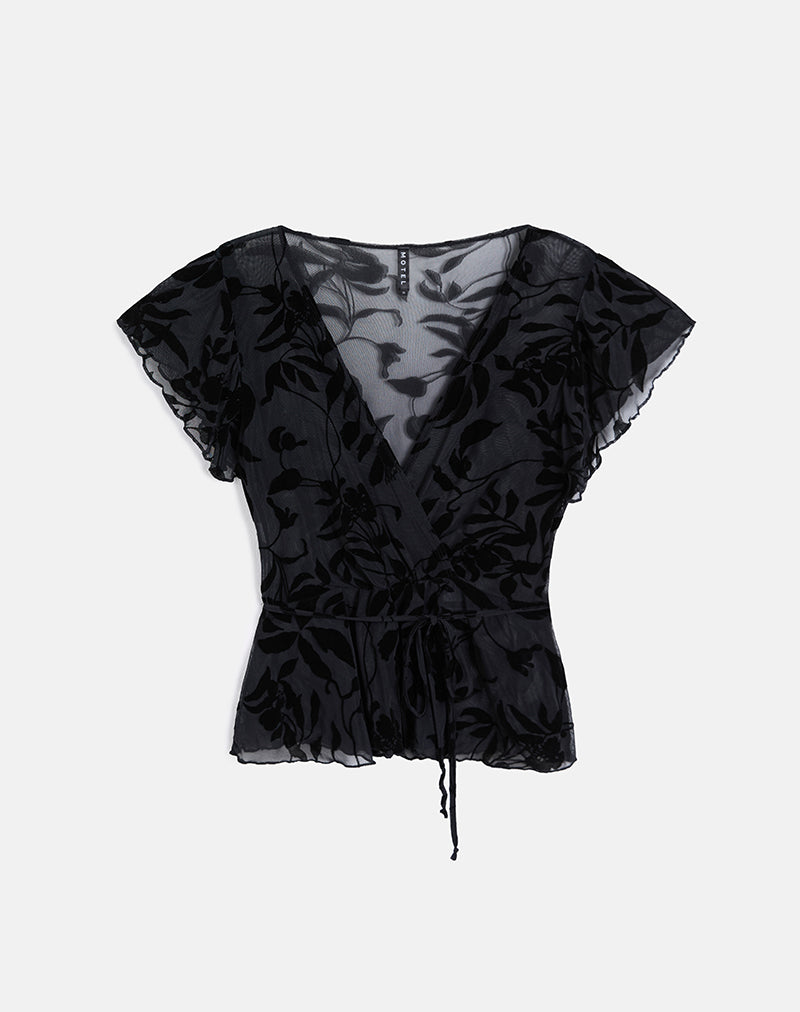 Afbeelding van Giuliana Wrap Top in Flock Leaf Flower Zwart