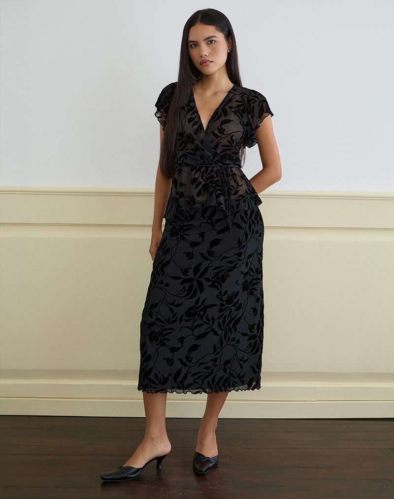 Afbeelding van Giuliana Wrap Top in Flock Leaf Flower Zwart