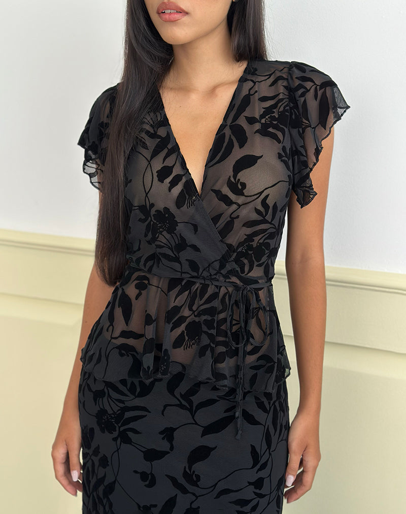Giuliana Wrap Top in Flock Leaf Flower Zwart