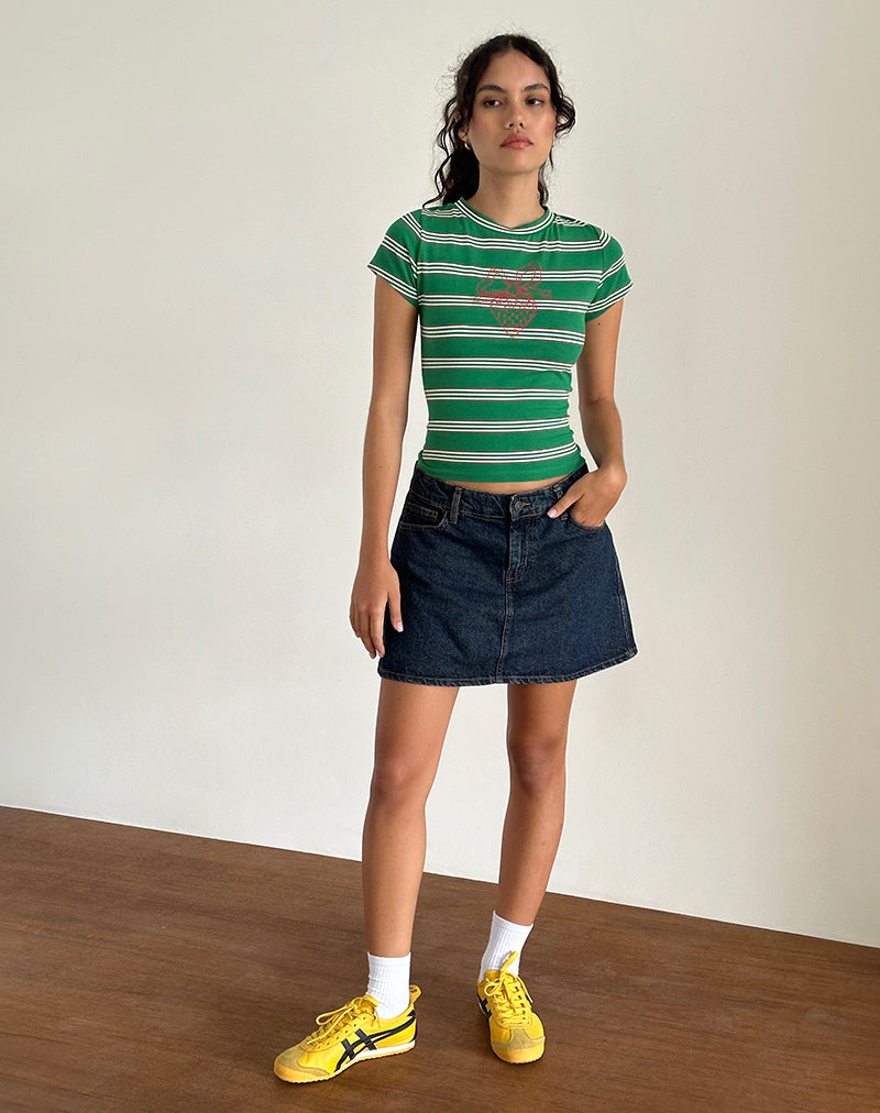 Afbeelding van Glenda Jersey Tee in Groen en Witte Streep met Aardbeienmotief