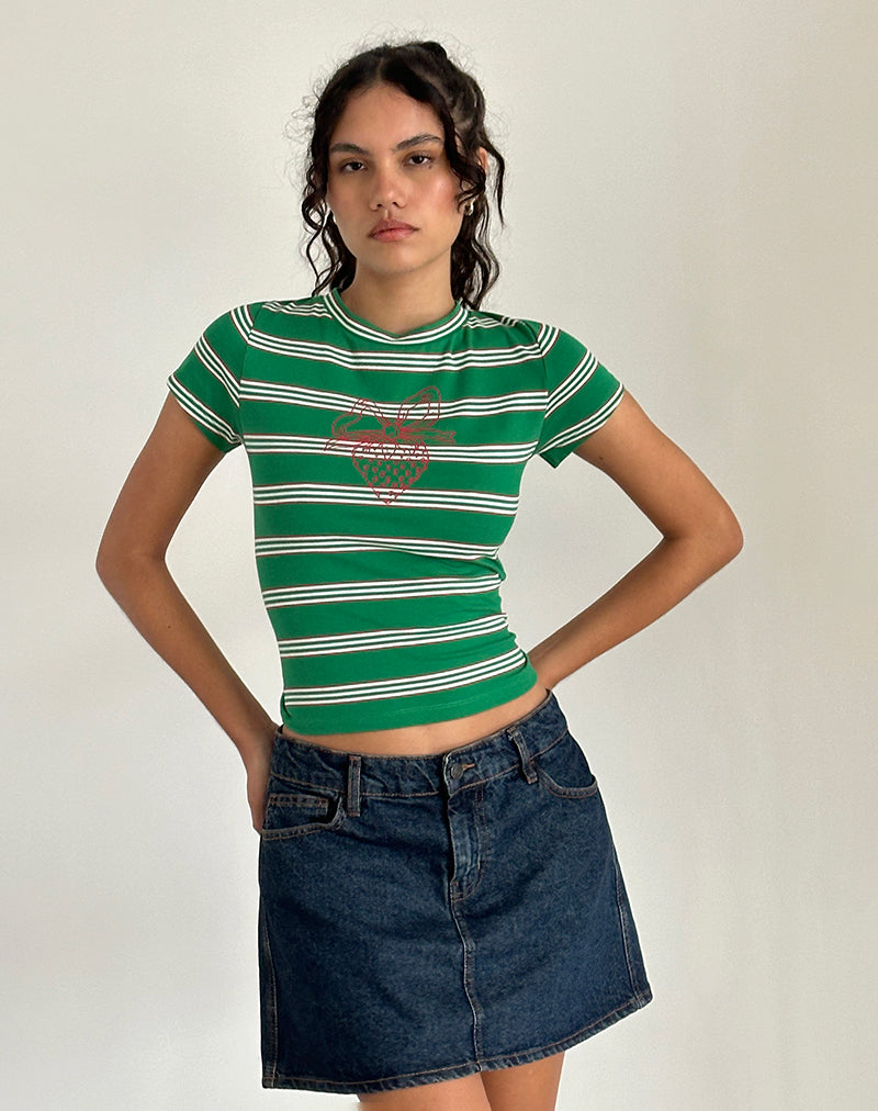 Afbeelding van Glenda Jersey Tee in Groen en Witte Streep met Aardbeienmotief