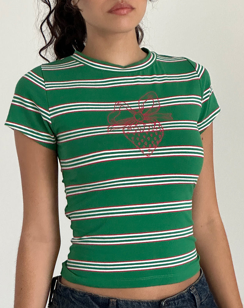 Glenda Jersey T-shirt in groen-witte streep met aardbeienmotief