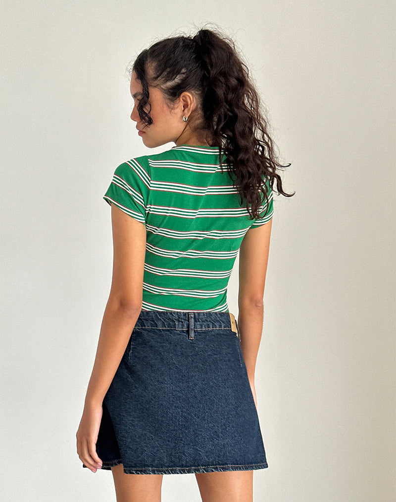Afbeelding van Glenda Jersey Tee in Groen en Witte Streep met Aardbeienmotief