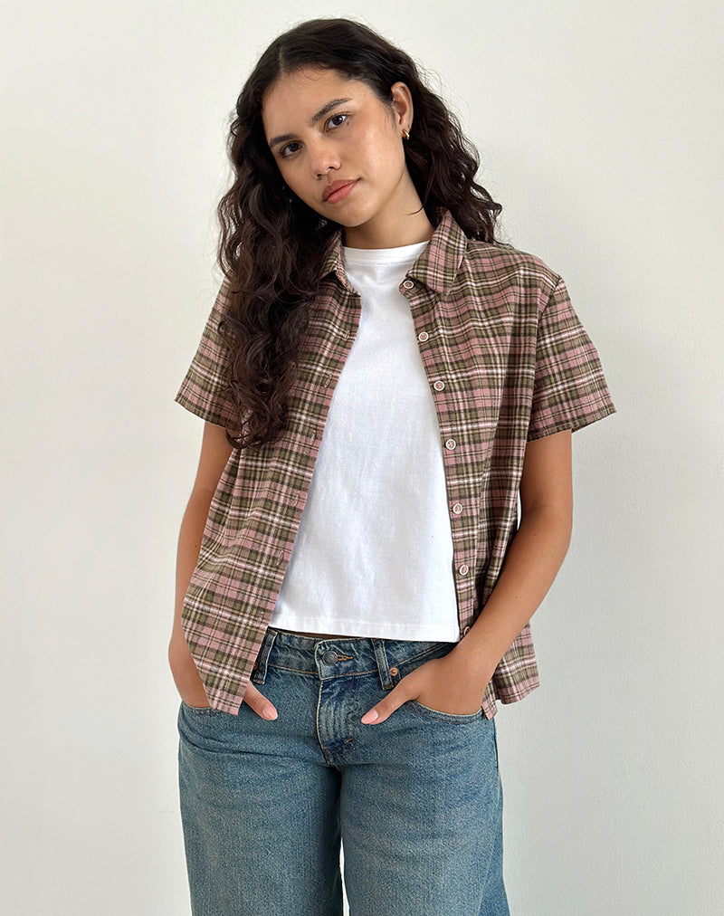 Gosanri Shirt met Korte Mouw in Roze en Groen Ruitje