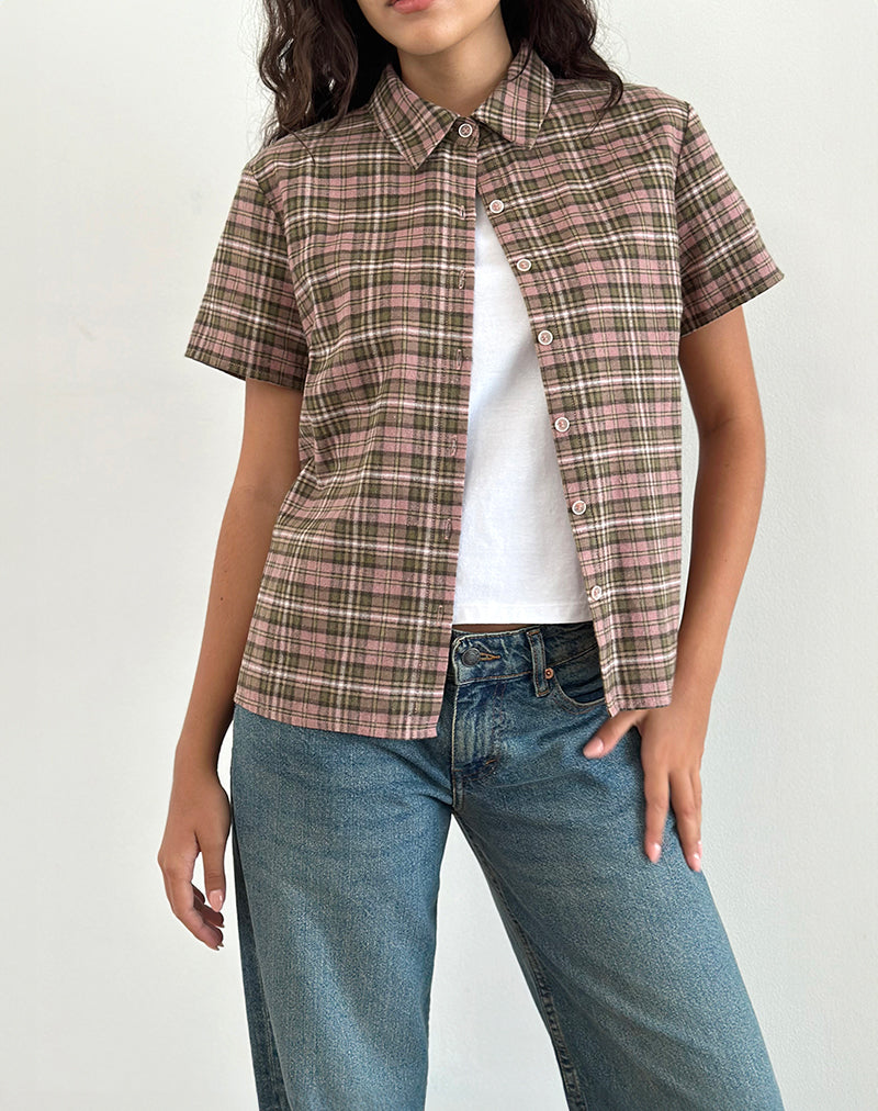 Gosanri Shirt met Korte Mouw in Roze en Groen Ruitje
