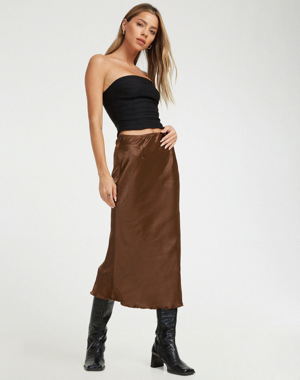 Goya Midi rok in satijn bittere chocolade