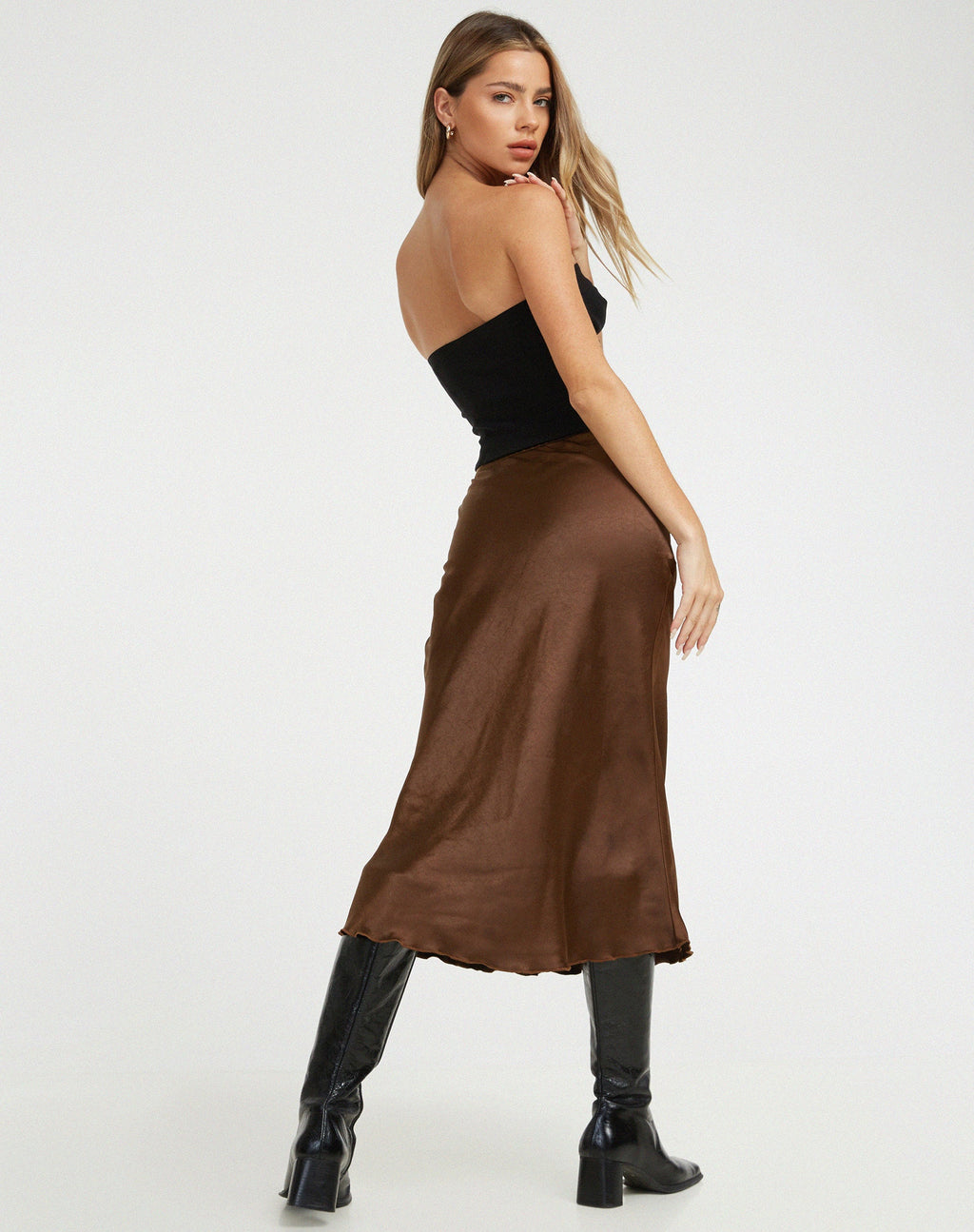 Goya Midi rok in satijn bittere chocolade