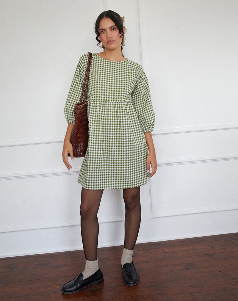 Afbeelding van Grace Mini Jurkje in Gingham Olijfje