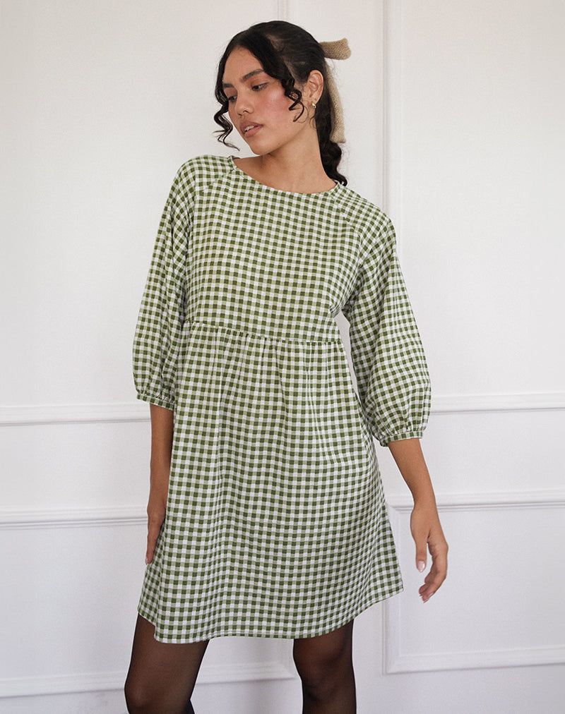 Grace Smock Mini Jurk in Olijf Gingham