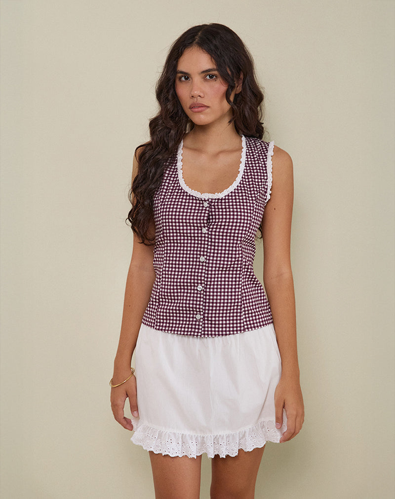 Afbeelding van Gronita Blouse in Mini Gingham Wijn met Wit Kant