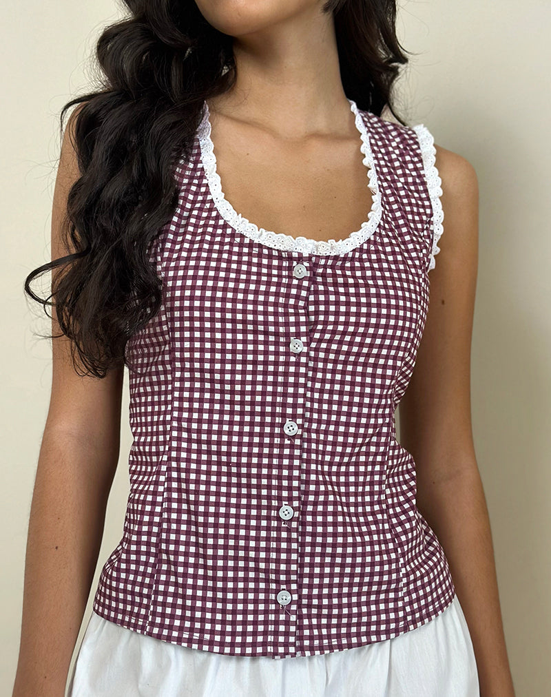 Afbeelding van Gronita Blouse in Mini Gingham Wijn met Wit Kant