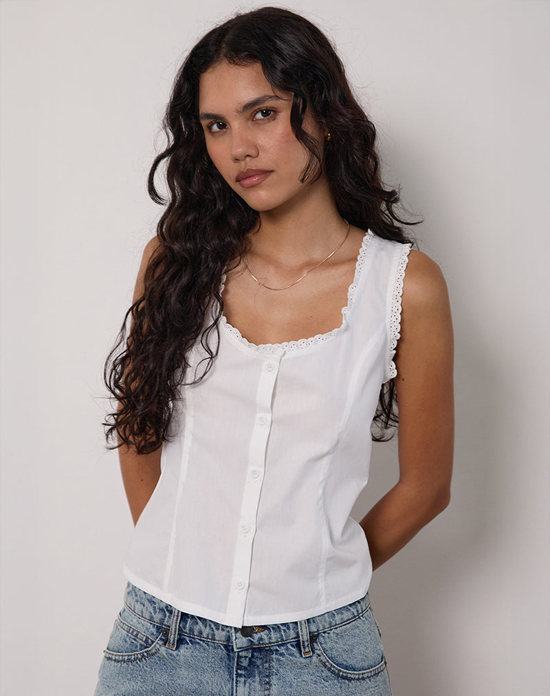 Afbeelding van Gronita Top in Popeline Wit met Broderie Biezen