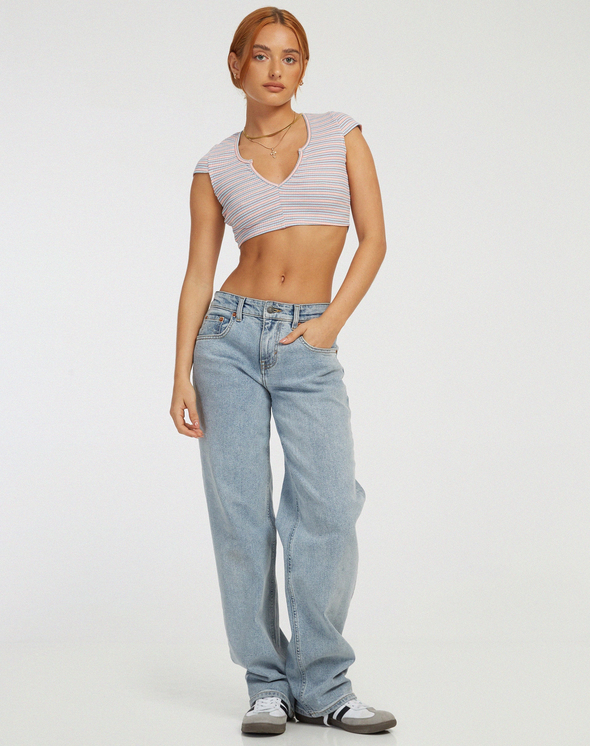 afbeelding van Guanna Crop Top in Stripe Rib Blue en Peach