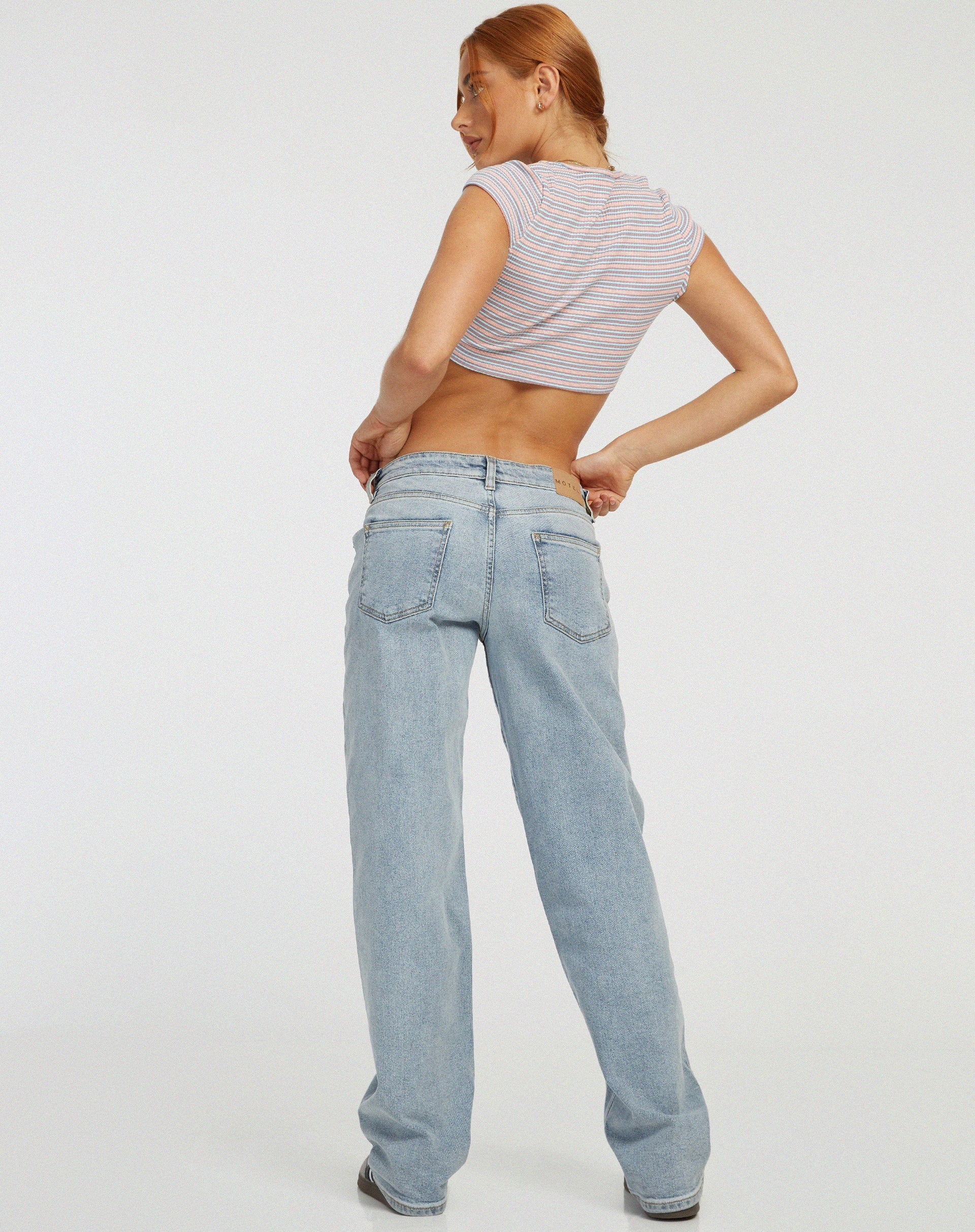 afbeelding van Guanna Crop Top in Stripe Rib Blue en Peach