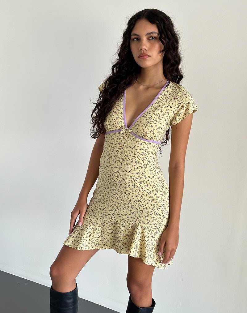 Gysele Mini Dress in Vloeiende Bloem Geel