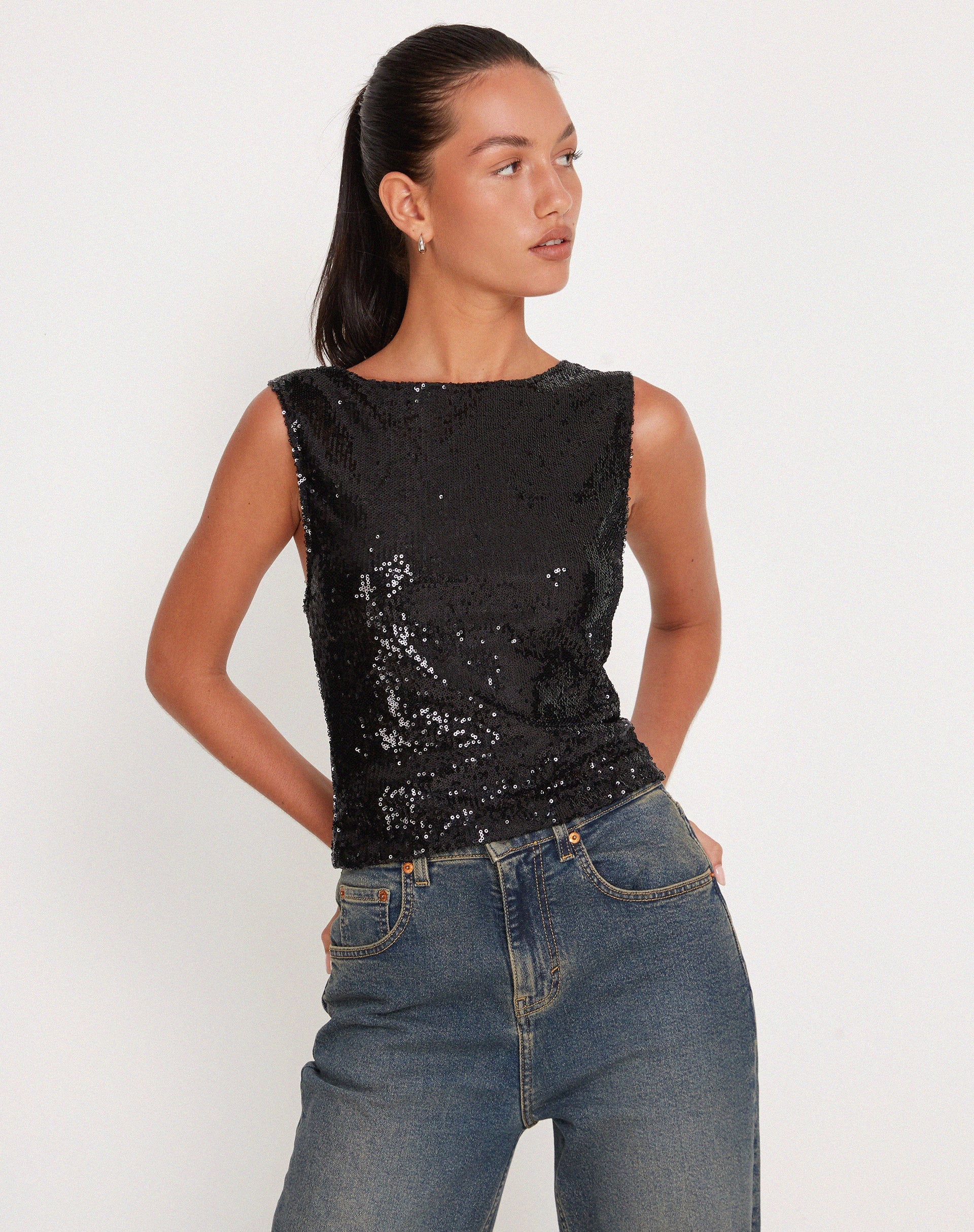 Afbeelding van Hala Crop Vest Top in Zwart Pailletten