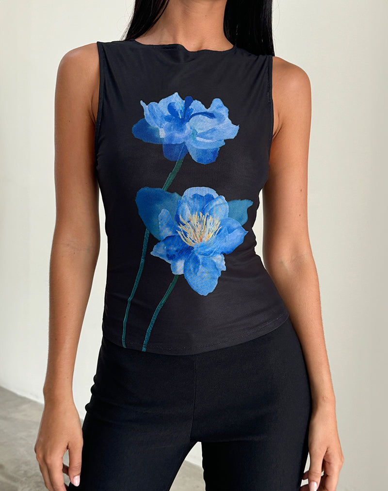 Hala Top in zwart met blauwe aquarelbloem