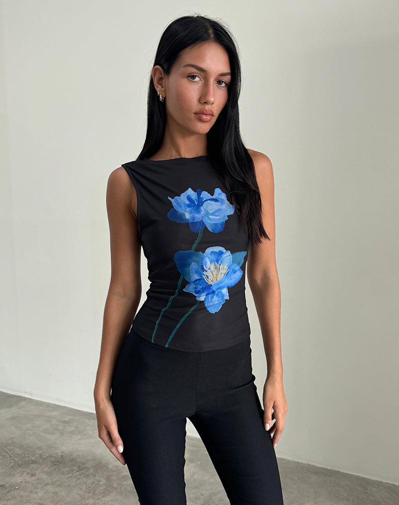 Hala Top in zwart met blauwe aquarelbloem