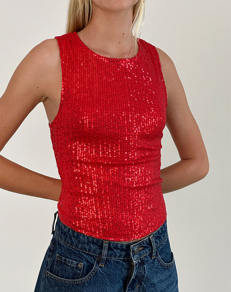 Afbeelding van Hala Vest Top in Rood Drape Mini Pailletten