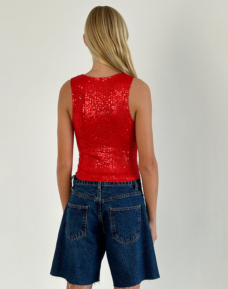 Afbeelding van Hala Vest Top in Rood Drape Mini Pailletten