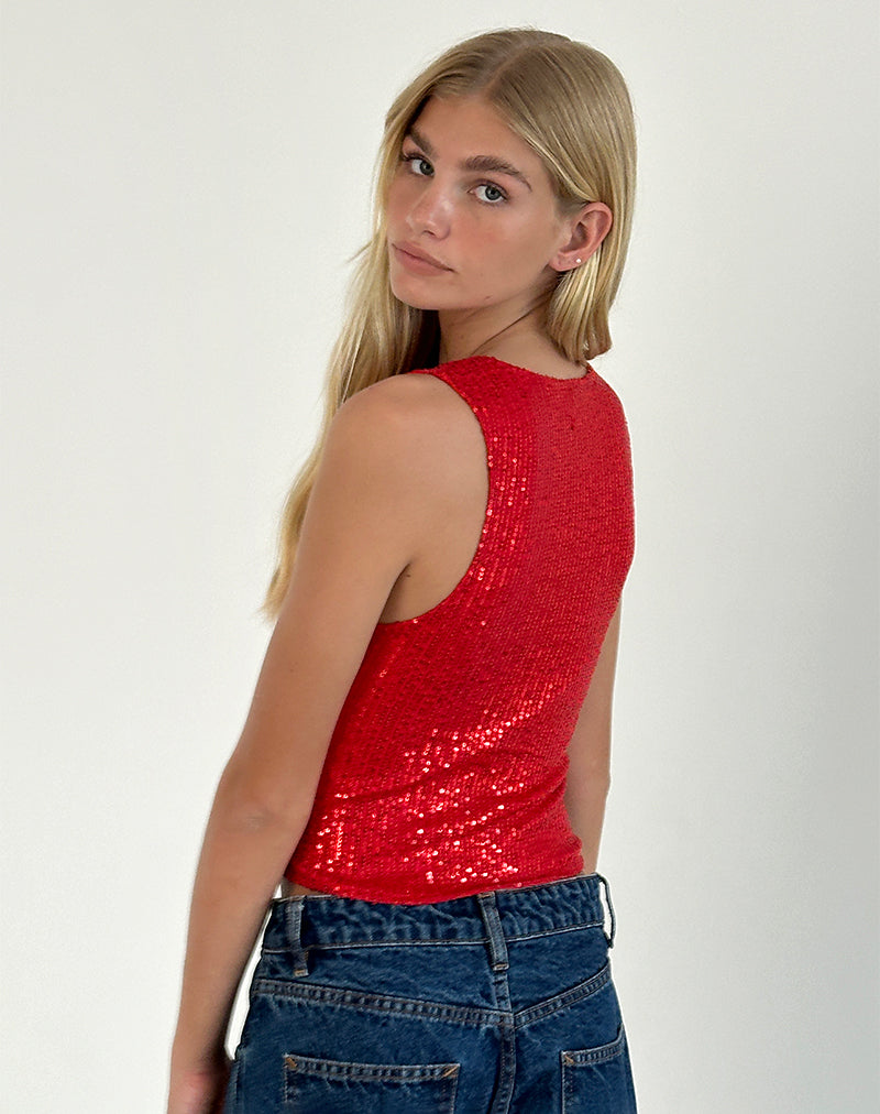 Afbeelding van Hala Vest Top in Rood Drape Mini Pailletten