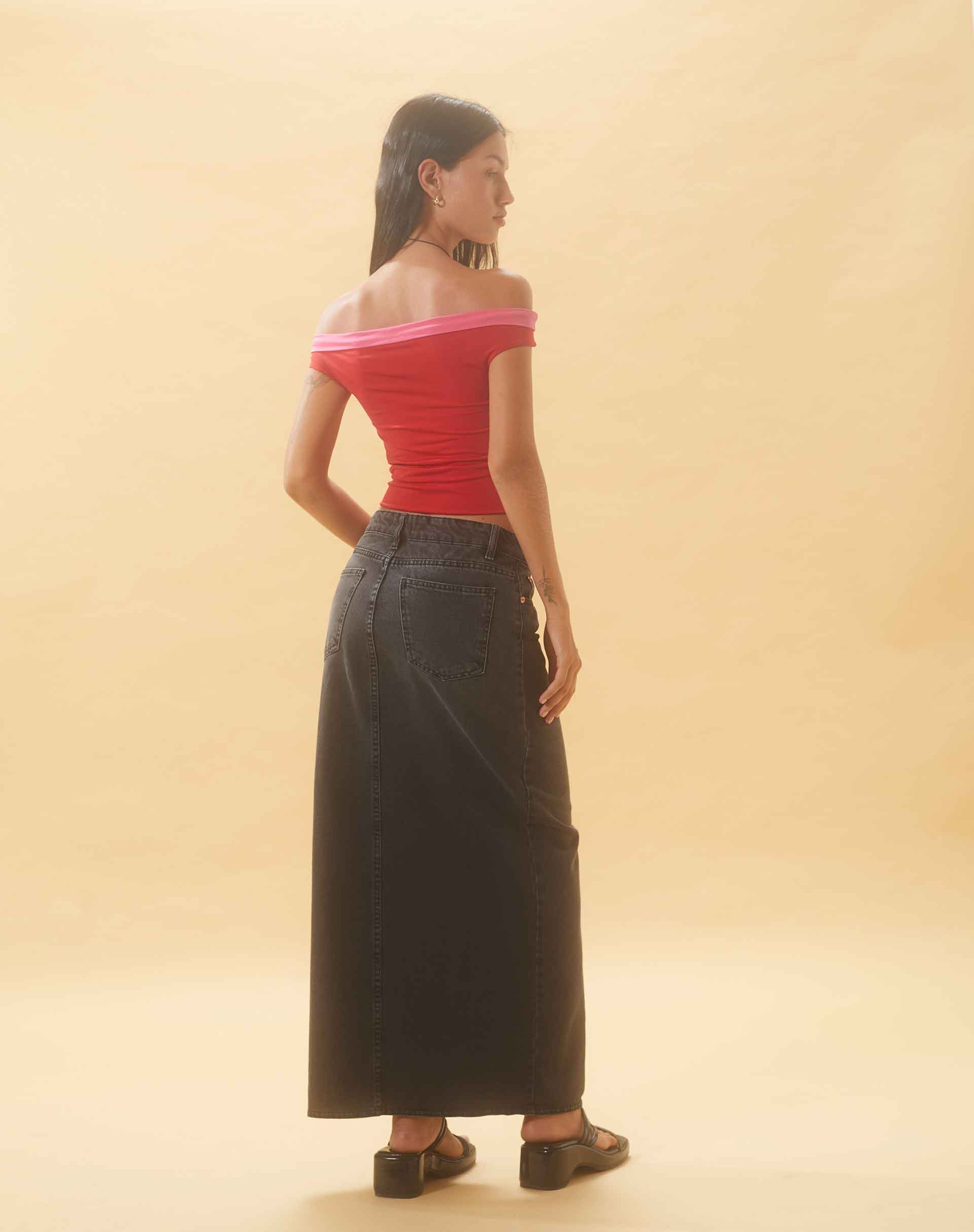 Afbeelding van Denim maxirok met lage taille in vintage zwart